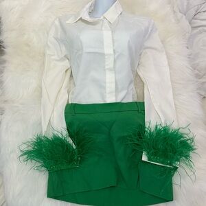 White Blouse with Green Feathered Cuffs and Skirt Outfit